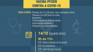 Secretaria Municipal de Saúde divulga calendário semanal da Vacina Pfizer Adulto contra a Covid-19